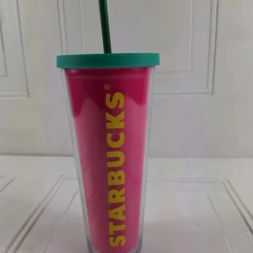 Starbucks 2014 Pink and Green top and Straw with Yellow Starbucks Letters 24 Oz. - Picture 1 of 8